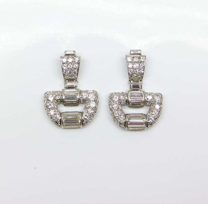 Pair of diamond buckle motif pendant earrings